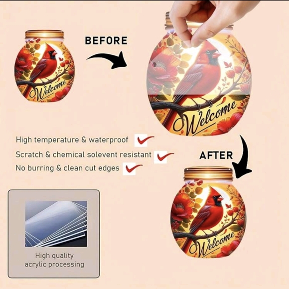 2D Mason Jar "Welcome" Cardinal Suncatchers 6.5" x 5" - Picture 6 of 7